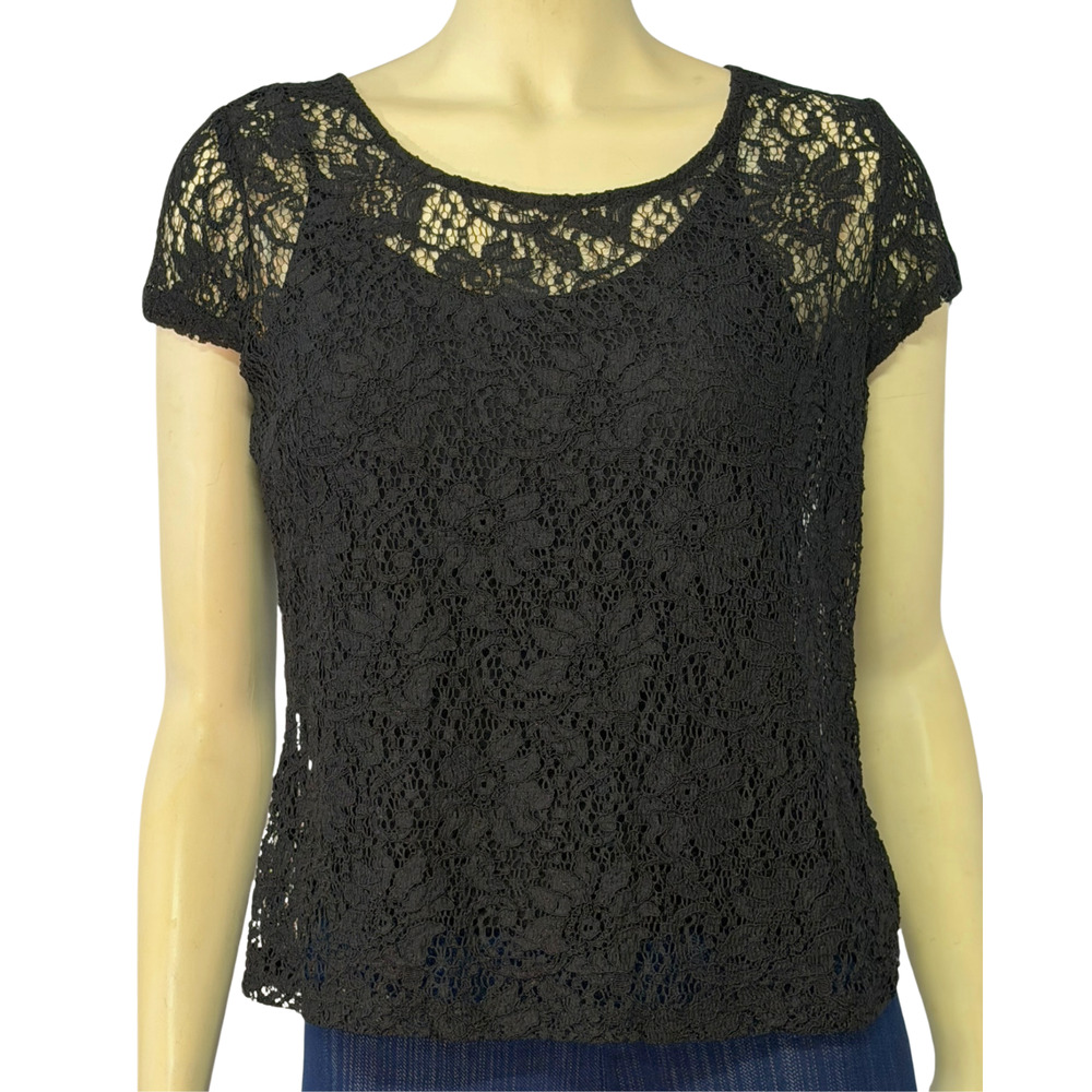 INC Sz 6 Short Sleeve Blouse Lace Overlay Zip-Up Back Black Whimsygoth Romantic